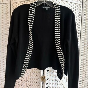 Adrianna Papell Black Cardigan with Faux Pearl and Rhinestone Details